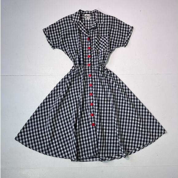 Vintage 80s Gingham Collared Button Up Dress / Sz XS / Western Retro Pin Up - Picture 1 of 8